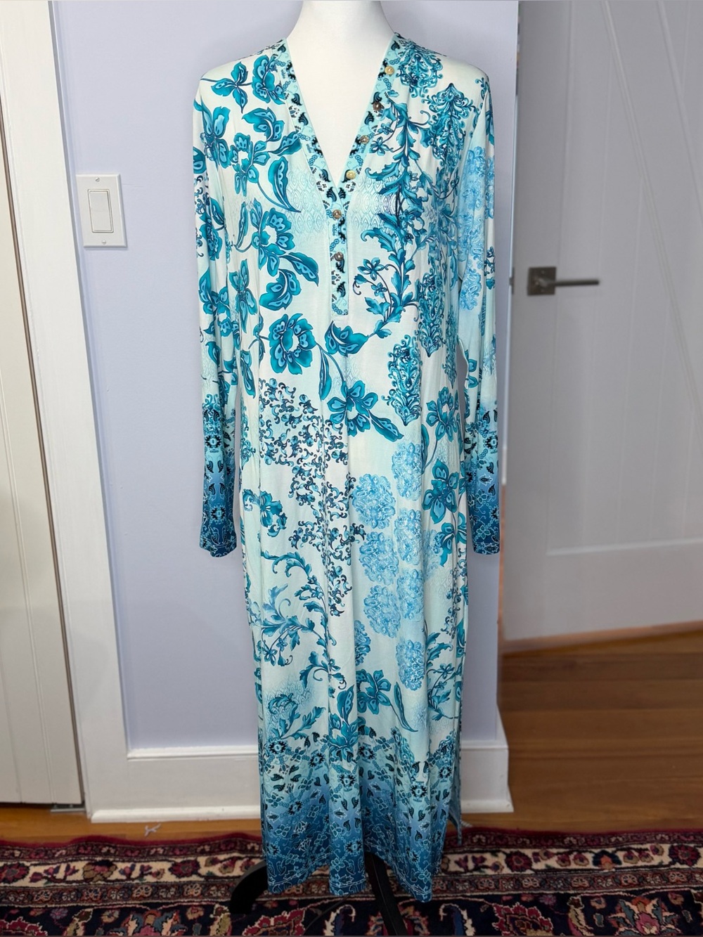 Johnny Was Janie Favorite Blue Floral Long Sleeve Button Neck Midi, SZ L NEW